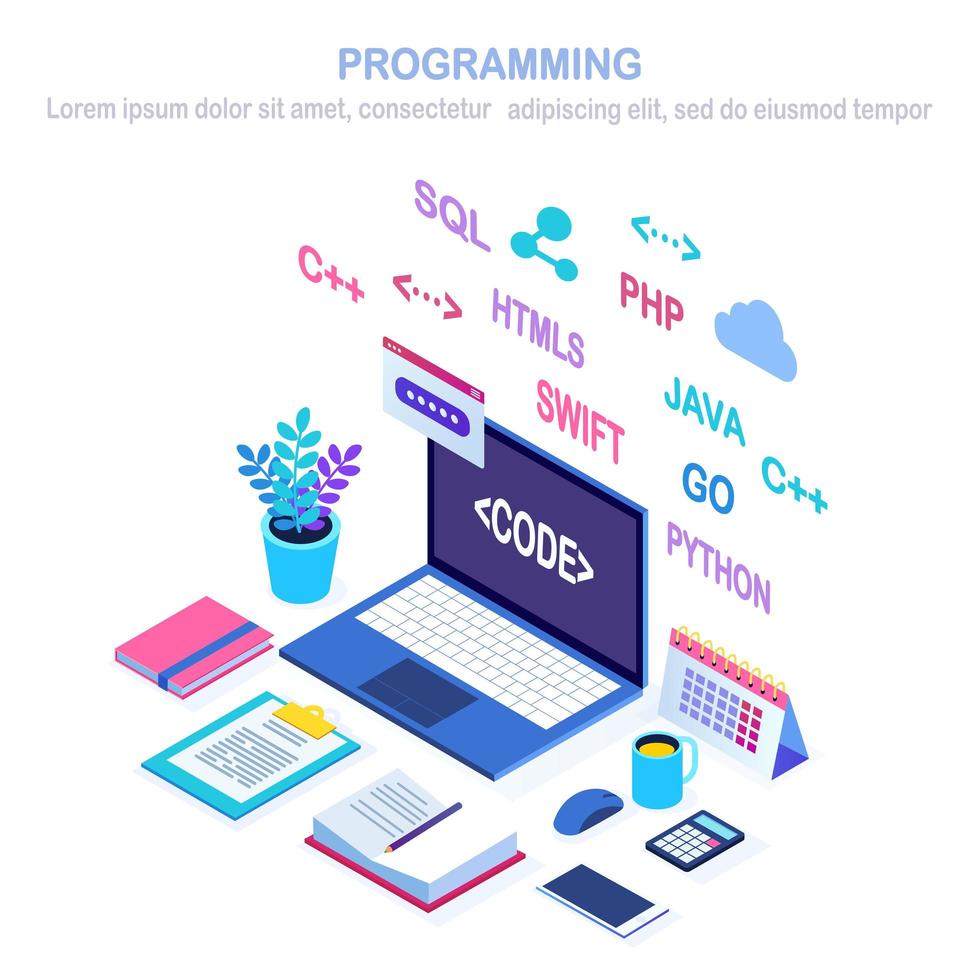 desarrollo de software, lenguaje de programación, codificación. Computadora portátil isométrica 3d, computadora con aplicación digital aislada sobre fondo blanco. diseño vectorial vector