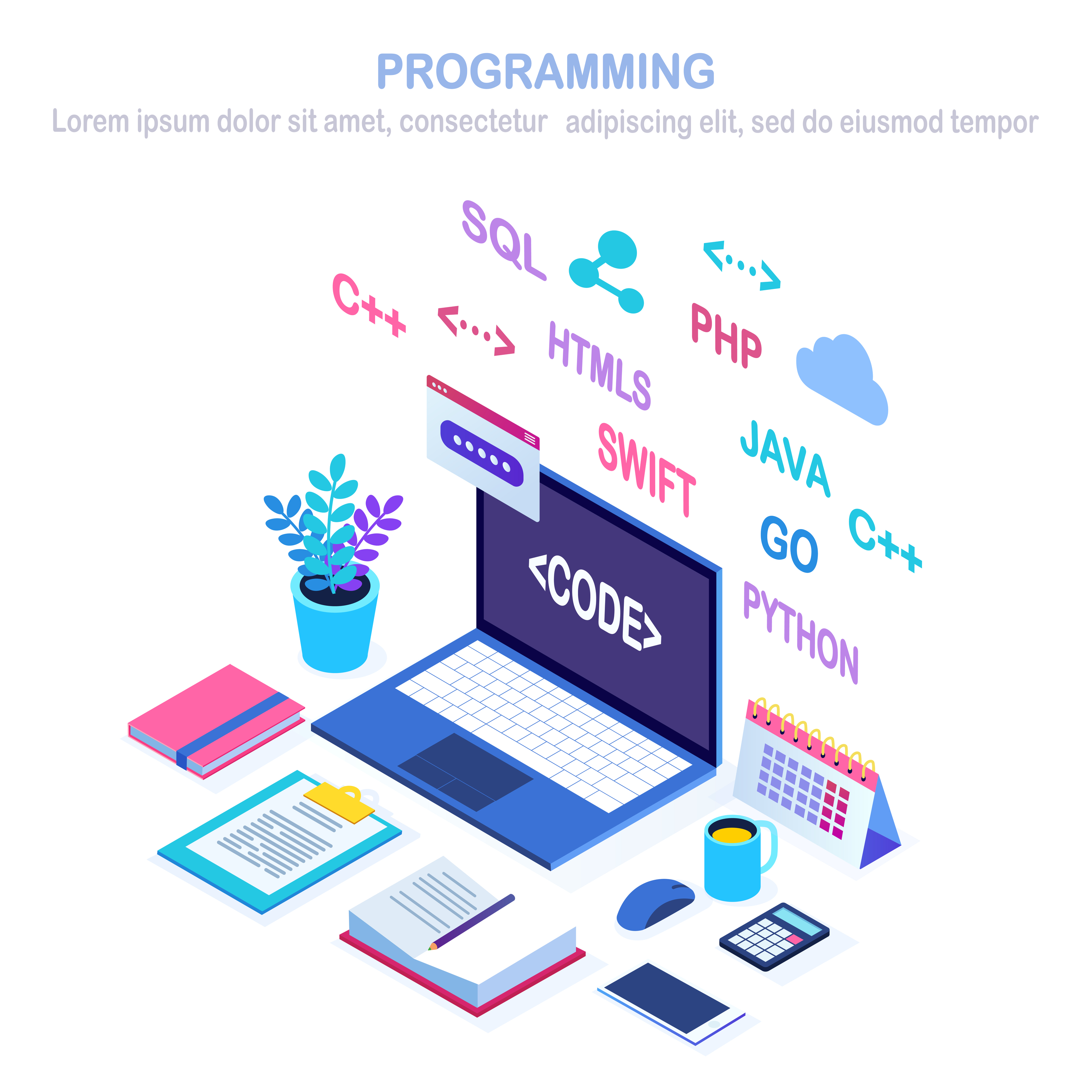 Software development, programming language, coding. 3d isometric laptop ...