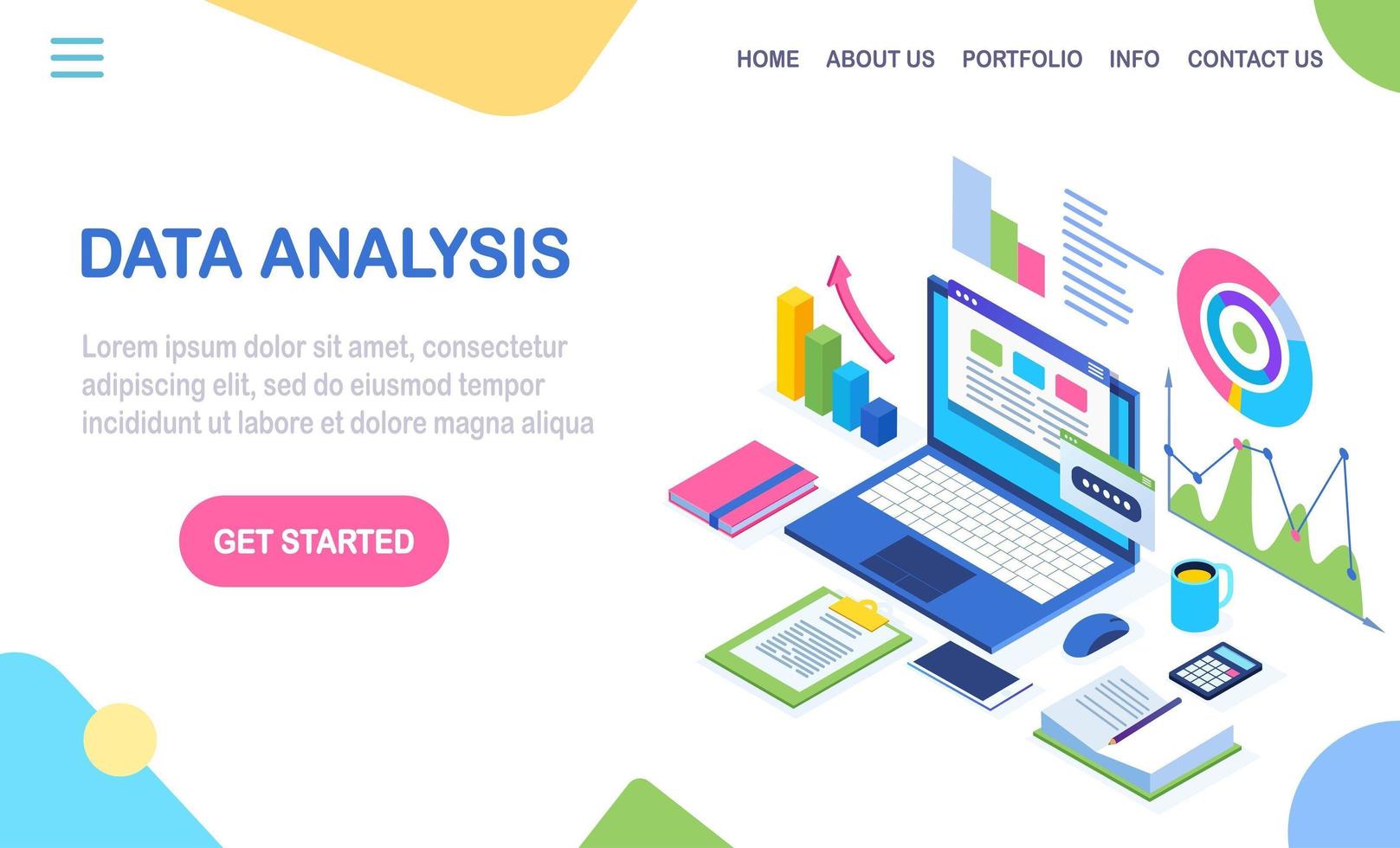 Data analysis. Digital financial reporting, seo, marketing. Business management, development. 3d isometric laptop, computer, pc with graph, chart, statistic. Vector design for website