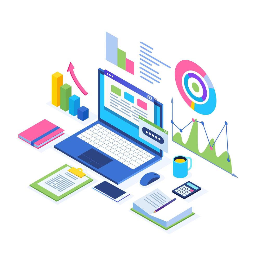 Data analysis. Digital financial reporting, seo, marketing. Business management, development. 3d isometric laptop, computer, pc with graph, chart, statistic. Vector design for website