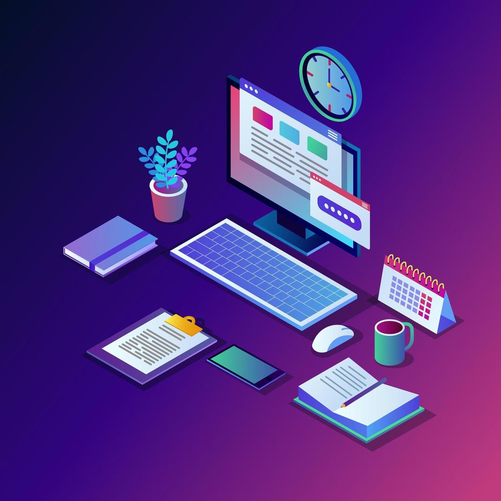 Working process. 3d isometric office workplace with computer, laptop, pc, mobile phone, coffee, notepad, calendar, document. Vector design for banner