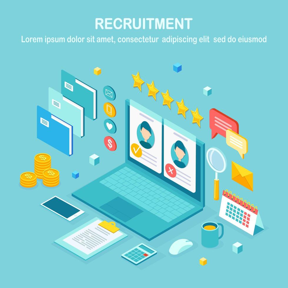 Recruitment. 3d isometric computer, laptop, pc with cv resume, folder, stars. Human Resources, HR. Hiring employees. Job interview. Vector design for banner