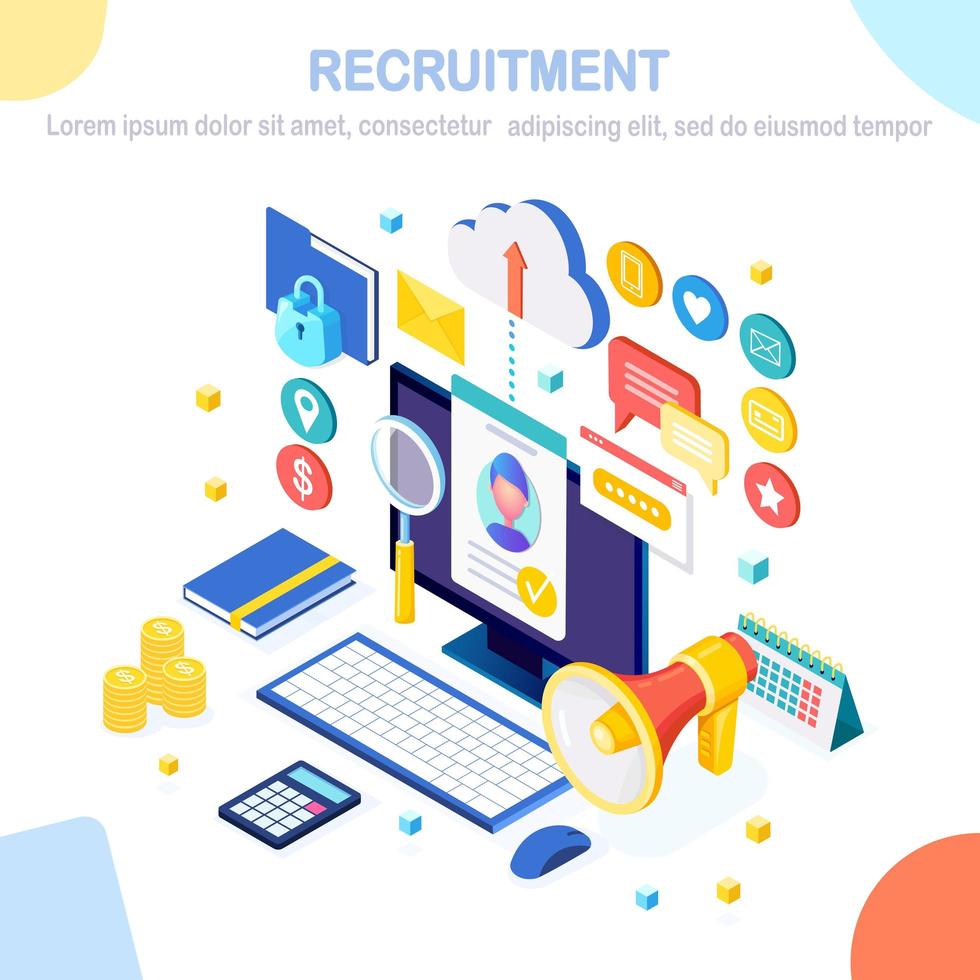 Recruitment. 3d isometric computer, laptop, pc with cv resume, folder, megaphone, bullhorn, loudspeaker, speech bubble. Human Resources, HR. Hiring employees. Job interview. Vector design for banner