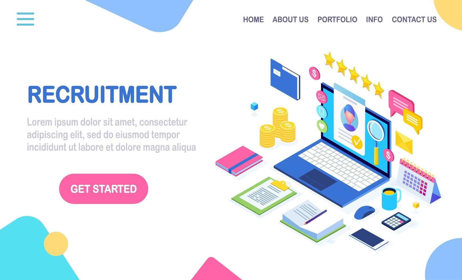 Recruitment. 3d isometric computer, laptop, pc with cv resume, folder, stars. Human Resources, HR. Hiring employees. Job interview. Vector design for banner