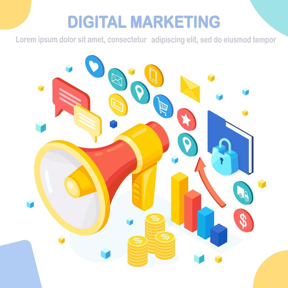 Digital marketing concept. 3d isometric megaphone, loudspeaker, bullhorn with money, graph, folder, speech bubble. Business development strategy advertising. Social media analysis. Vector design