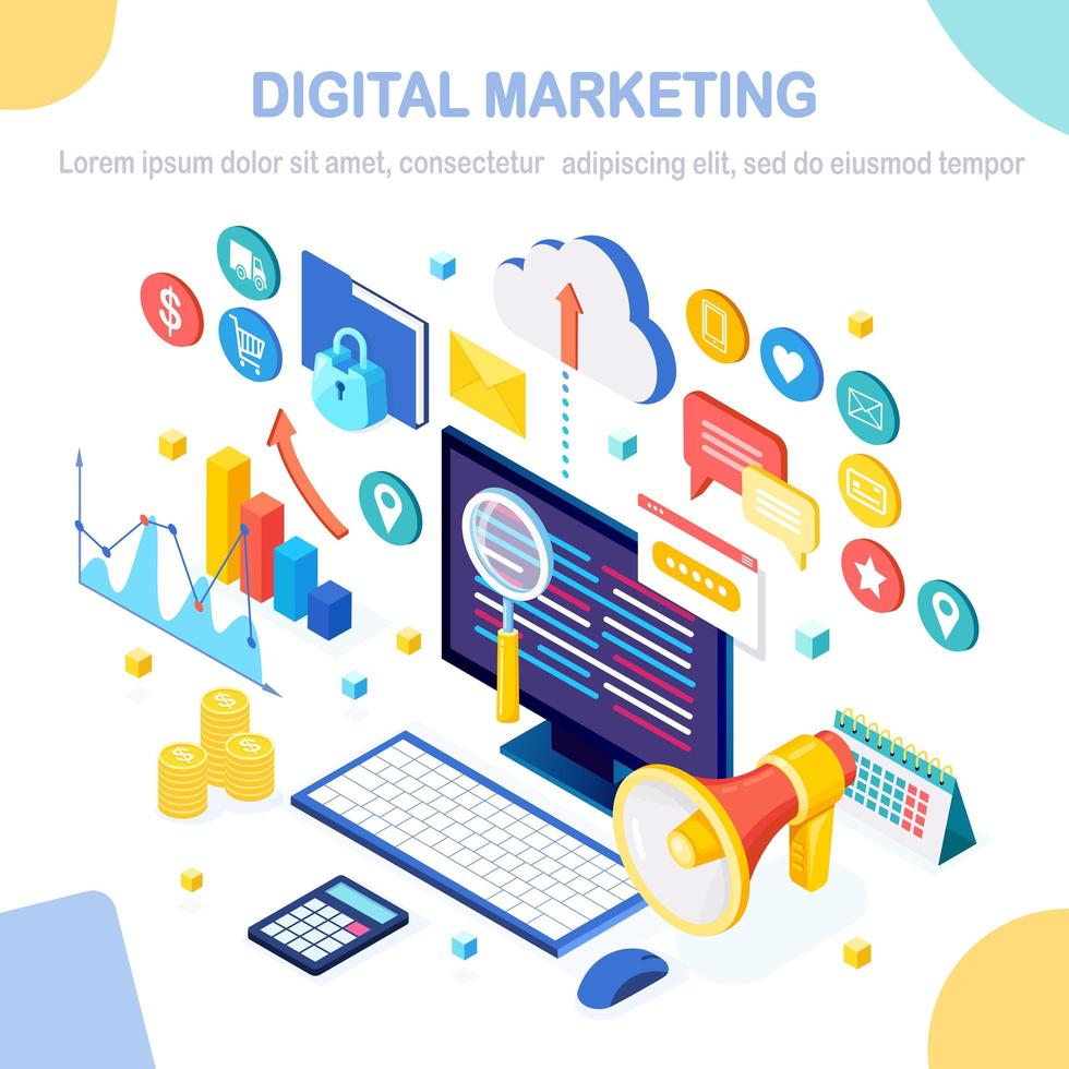 Digital marketing concept. 3d isometric computer, laptop, pc with money chart, graph, folder, megaphone, loudspeaker. Business development, strategy, advertising. Social media analysis. Vector design