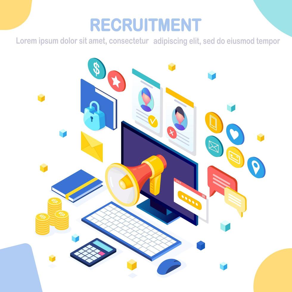 Recruitment. 3d isometric computer, laptop, pc with cv resume, folder, megaphone, bullhorn, loudspeaker, speech bubble. Human Resources, HR. Hiring employees. Job interview. Vector design for banner