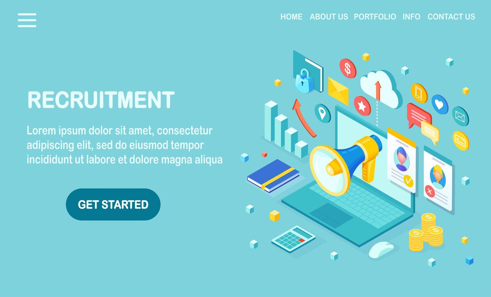 Recruitment. 3d isometric computer, laptop, pc with cv resume, folder, megaphone, bullhorn, loudspeaker, speech bubble. Human Resources, HR. Hiring employees. Job interview. Vector design for banner