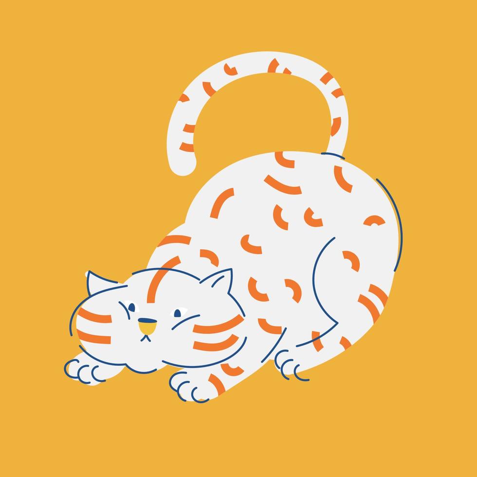 ilustración vectorial de animales divertidos. el gato gordo está jugando o cazando. lindo diseño para imprimir. estilo de dibujo a mano vector