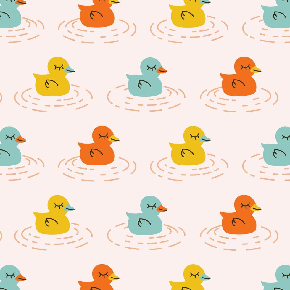 Seamless pattern with ducks. Colored animal repeating background. Hand drawn cute design for fabric. Vector illustration