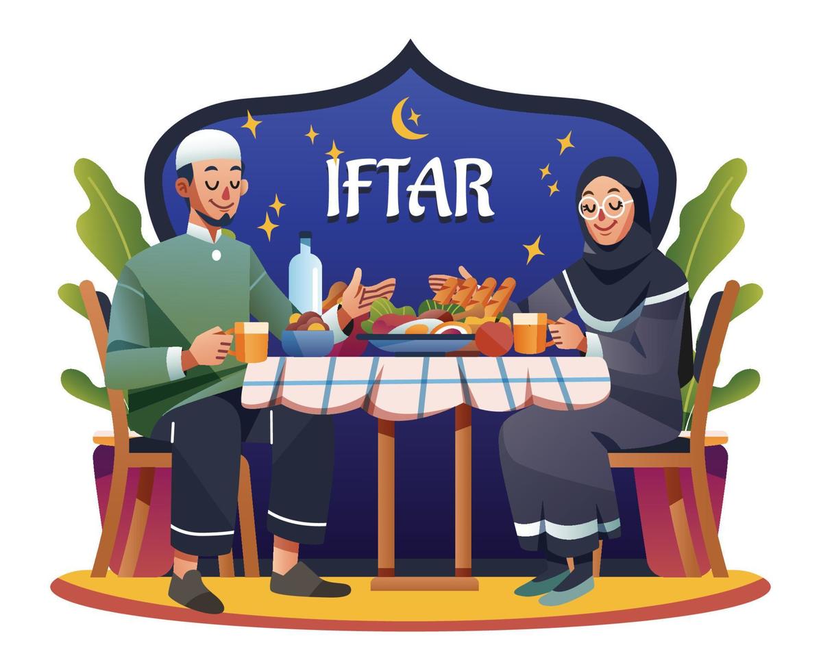 marido y mujer teniendo iftar durante el ramadán vector