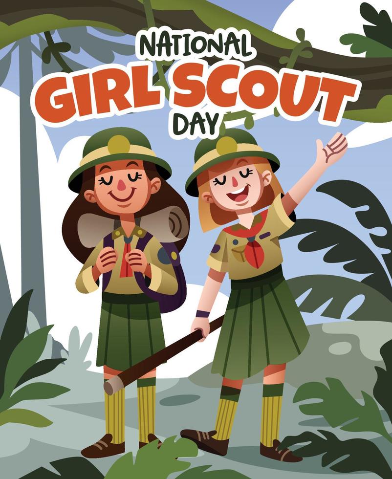 Two Scout Girls Go on an Adventure in the Forest vector