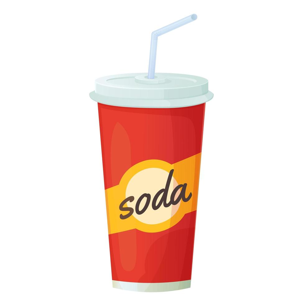 refresco de cola en vaso de plástico de papel rojo. comida rápida, concepto de refrescos fríos de verano. ilustración vectorial de stock aislada sobre fondo blanco en estilo realista de dibujos animados aislado sobre fondo blanco vector