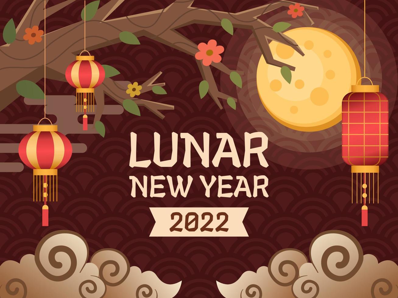 Greeting Happy Lunar New Year 2022 Design with Hanging Tradional Chinese Lamp, and traditional ornament. Can use for greeting card, postcard, banner, poster, web, print, animation, etc. vector