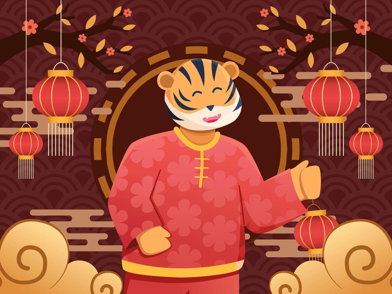 Chinese new year 2022 year of the tiger illustration. Cute Tiger Cartoon Celebrate Lunar New Year. Can be used for greeting card, postcard, web, print, banner, poster, animation, invitation. vector