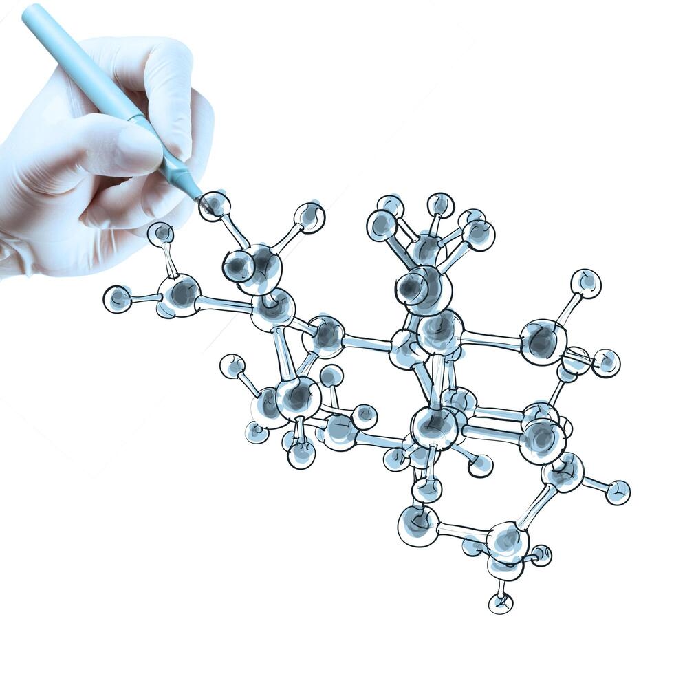 scientist doctor hand draws virtual molecular structure photo