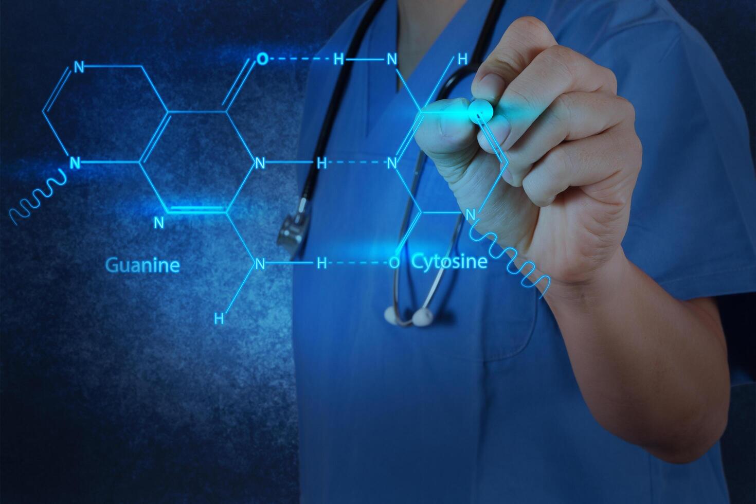 chemist doctor hand drawing chemical formulas photo