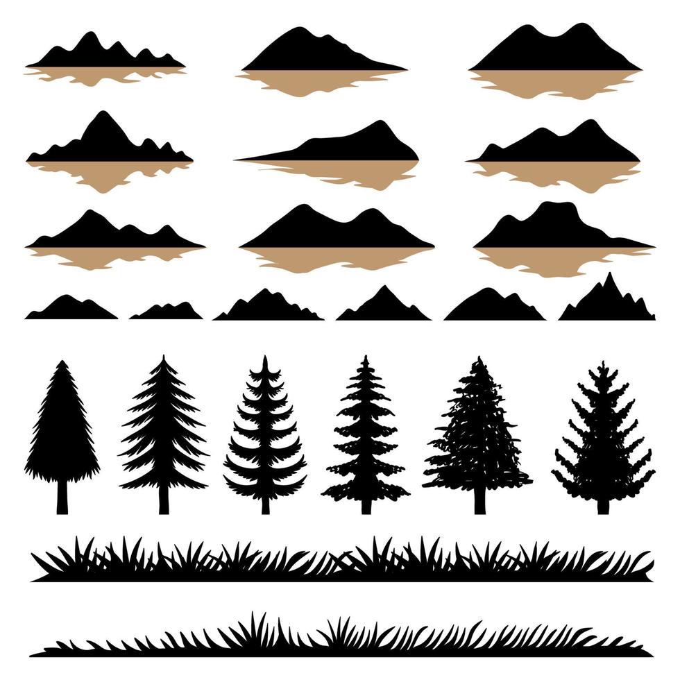 Mountain and tree slihouette set collection vector