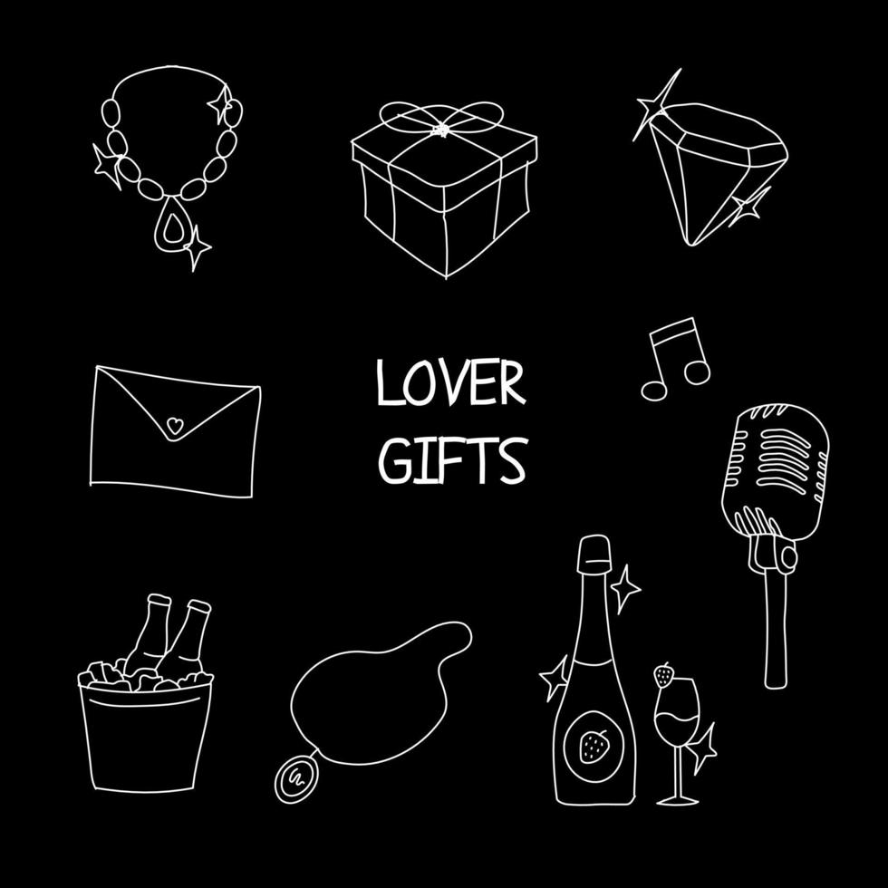 regalos para amantes con estilo garabato o estilo dibujado a mano, varios tipos de regalos como champán, diamantes, joyas, música y otros vector