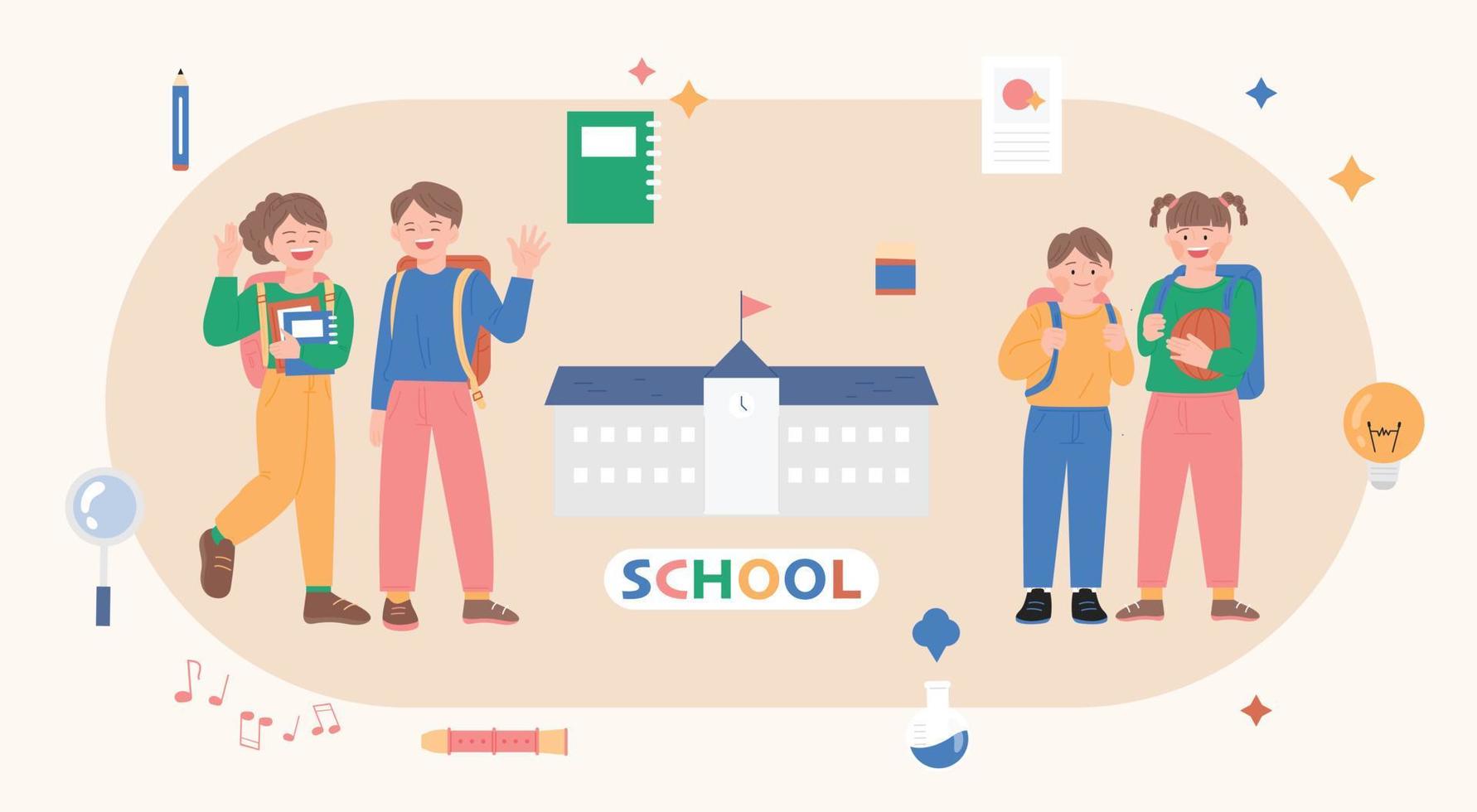 Cute children with school bags are standing waving their hands. vector