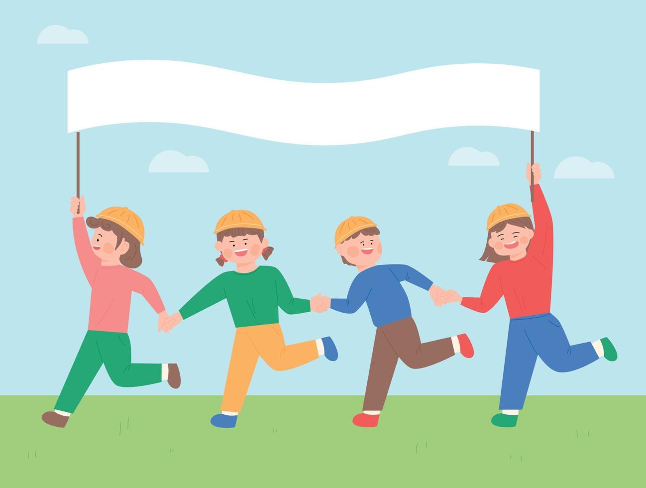 Children running together with long banners in their hands. vector