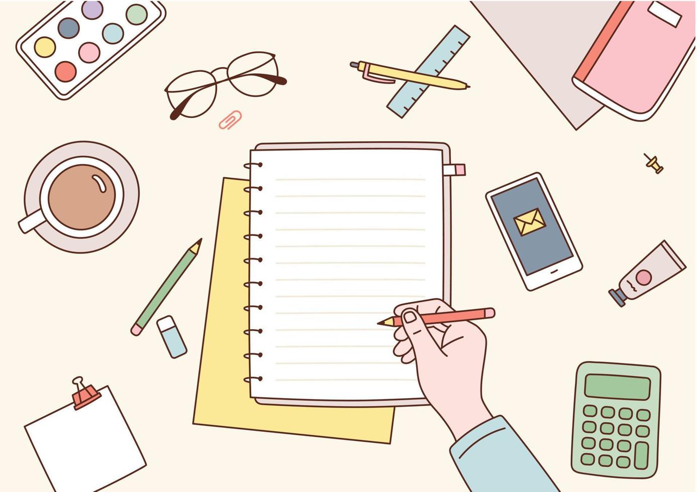 A desk untidy with office supplies. A hand is writing something on a notebook. vector