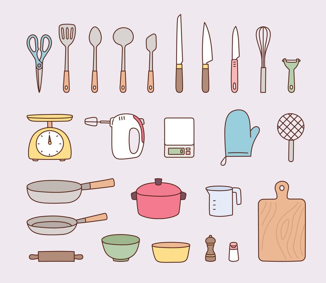 una colección de utensilios de cocina. utensilios de cocina. vector