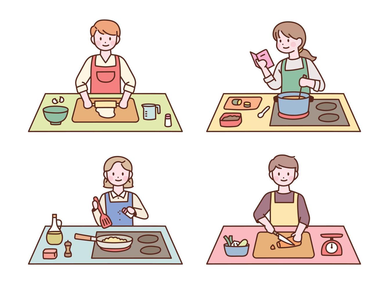 People who cook in aprons are spreading dough, reading cookbooks, slicing vegetables and frying food. vector