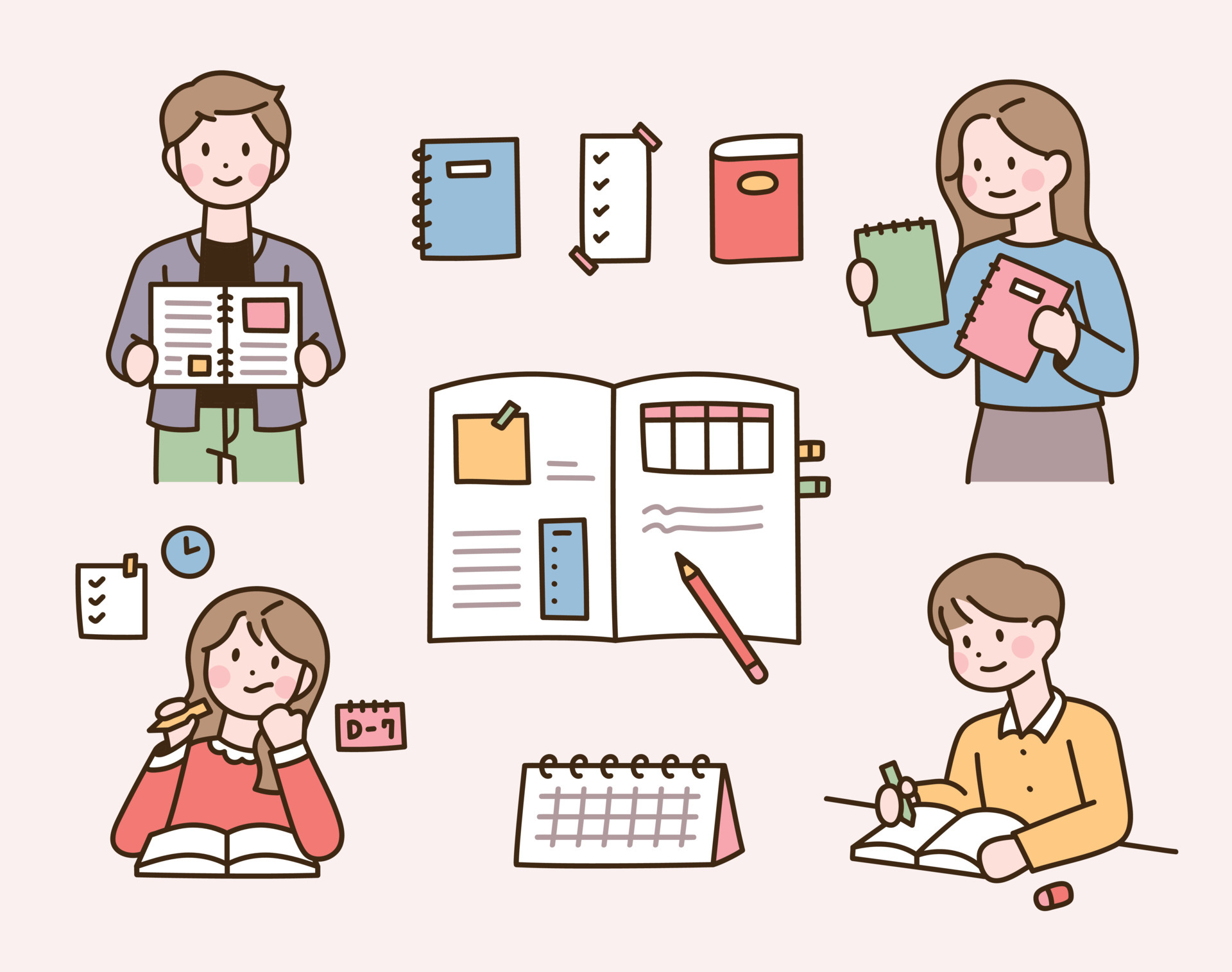 Cute student characters are taking notes in a notebook. A note with