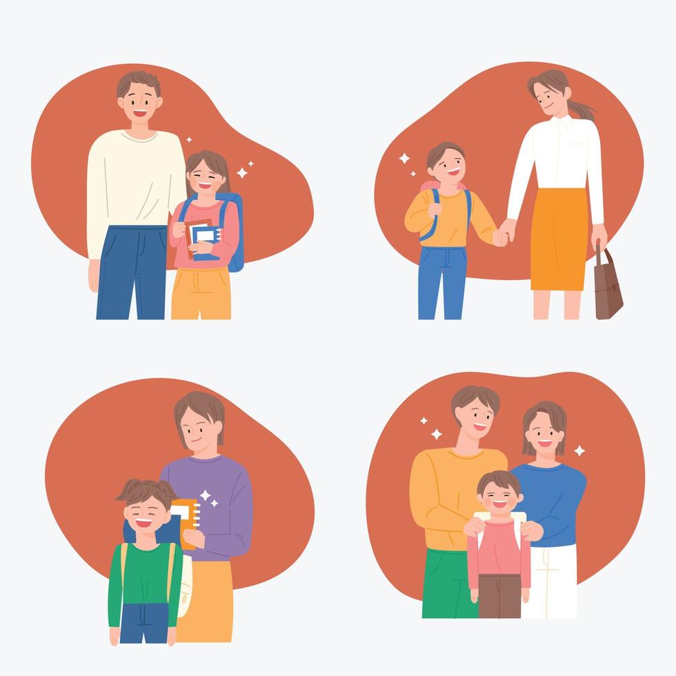 Children are going to school for the first time holding their parents' hands. vector