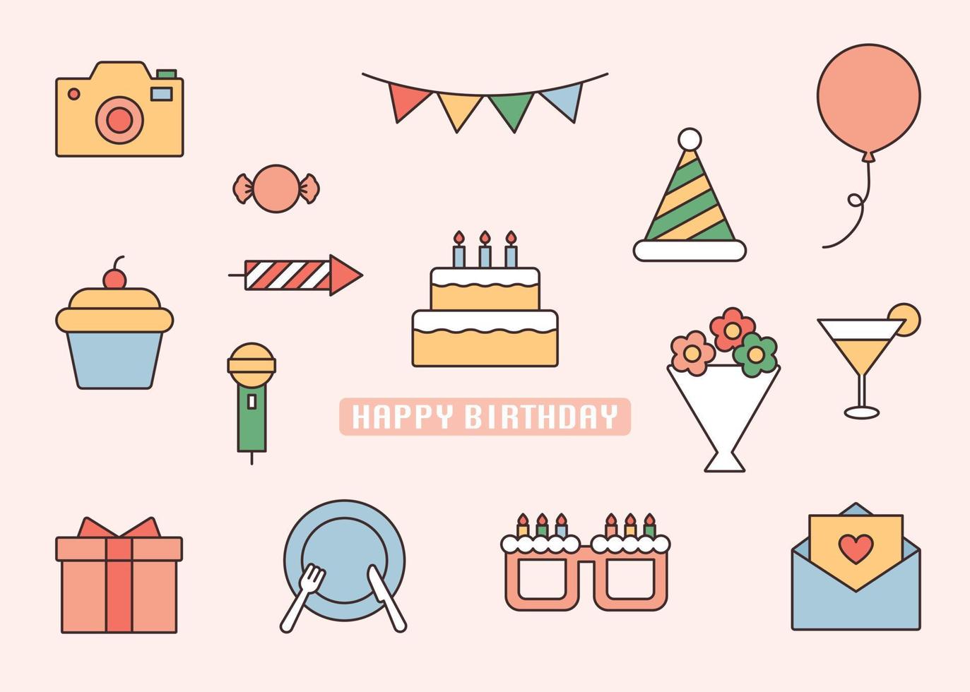 conjunto de iconos de fiesta de cumpleaños. ilustración vectorial de estilo de diseño plano. vector