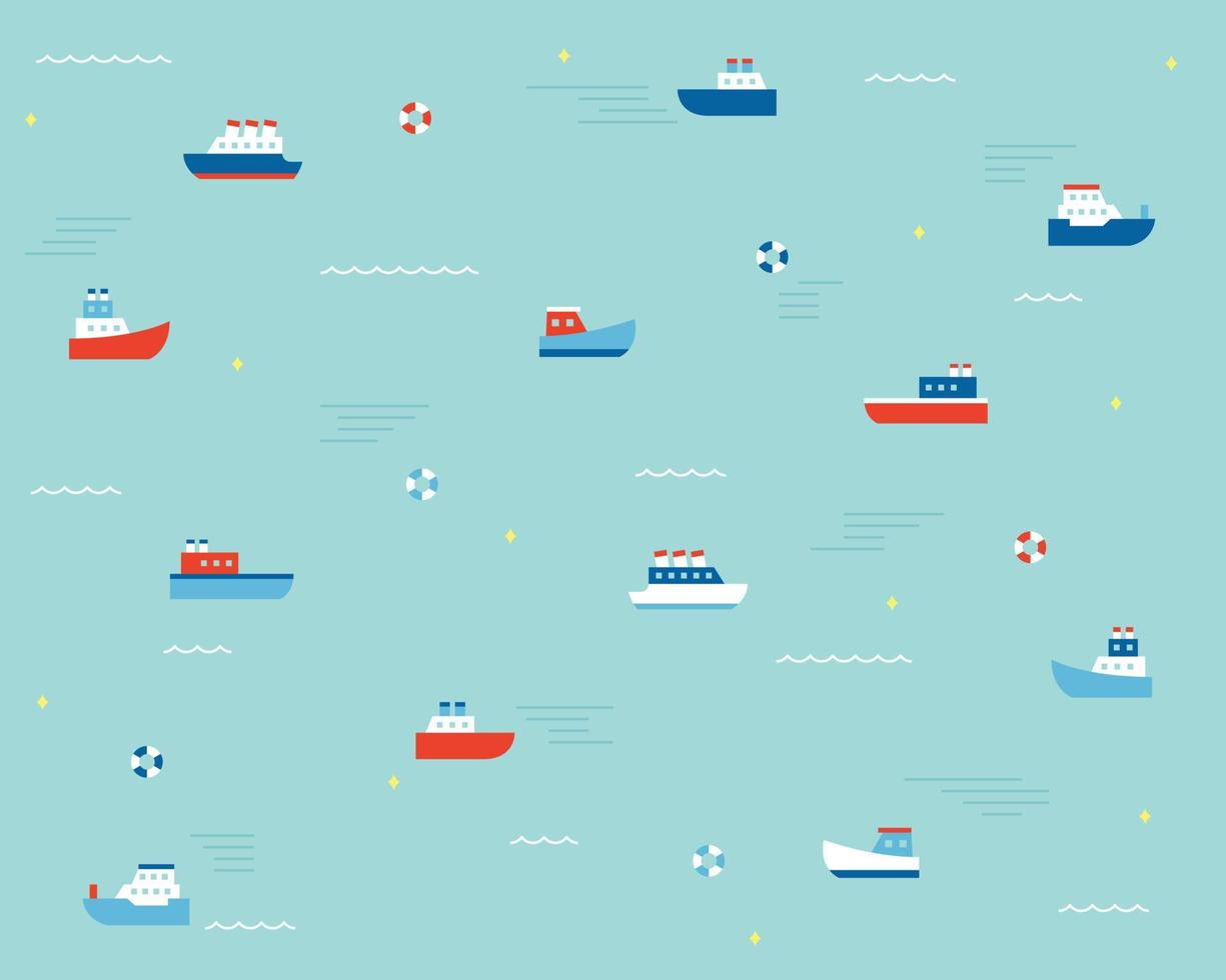 Boats with simple designs are floating in the emerald-colored sea. Simple pattern design template. vector