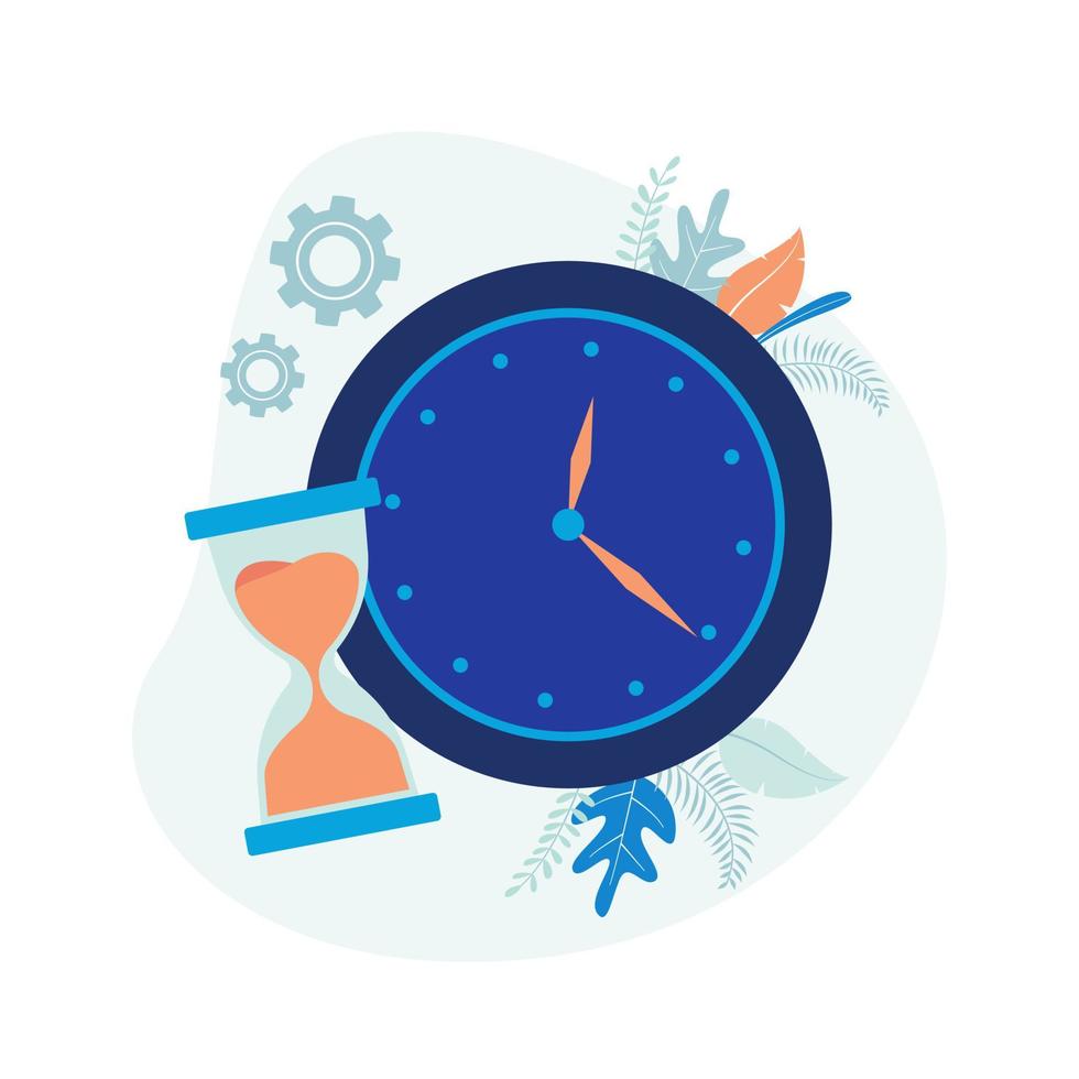 Time management illustration. Clock, time, hourglass. Flat vector suitable for many purposes.