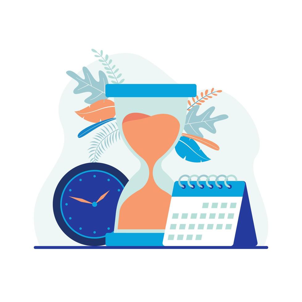 gestión del tiempo, reloj, calendario, plazos, reloj de arena e ilustración de horarios. vector plano adecuado para muchos propósitos.