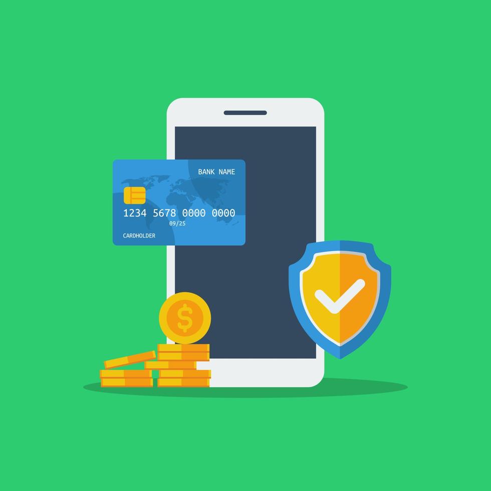 Mobile payment, mobile banking. Smartphone, coin, shield, credit card icon. Flat vector illustration suitable for many purposes.