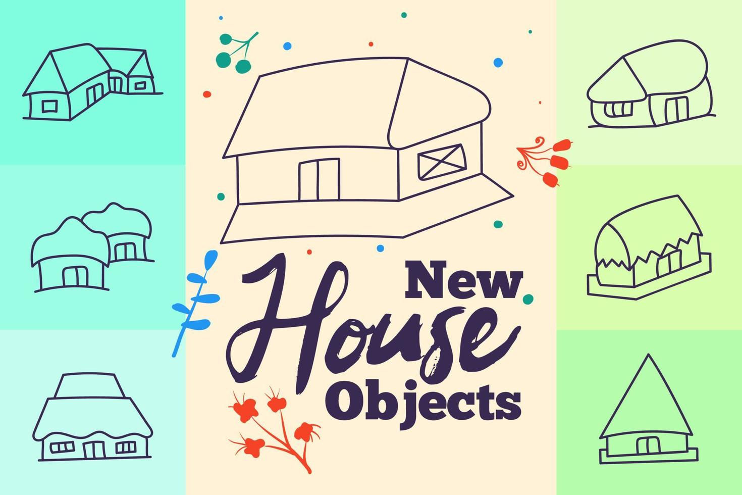 2D small cute vector house doodle illustrations