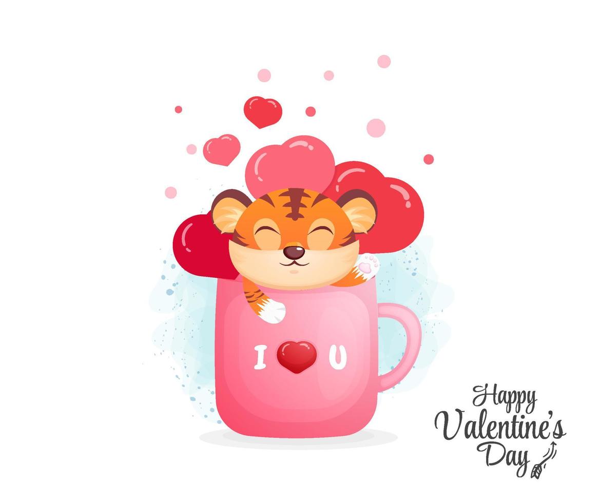 día de san valentín con lindo bebé tigre en taza decorativa vector