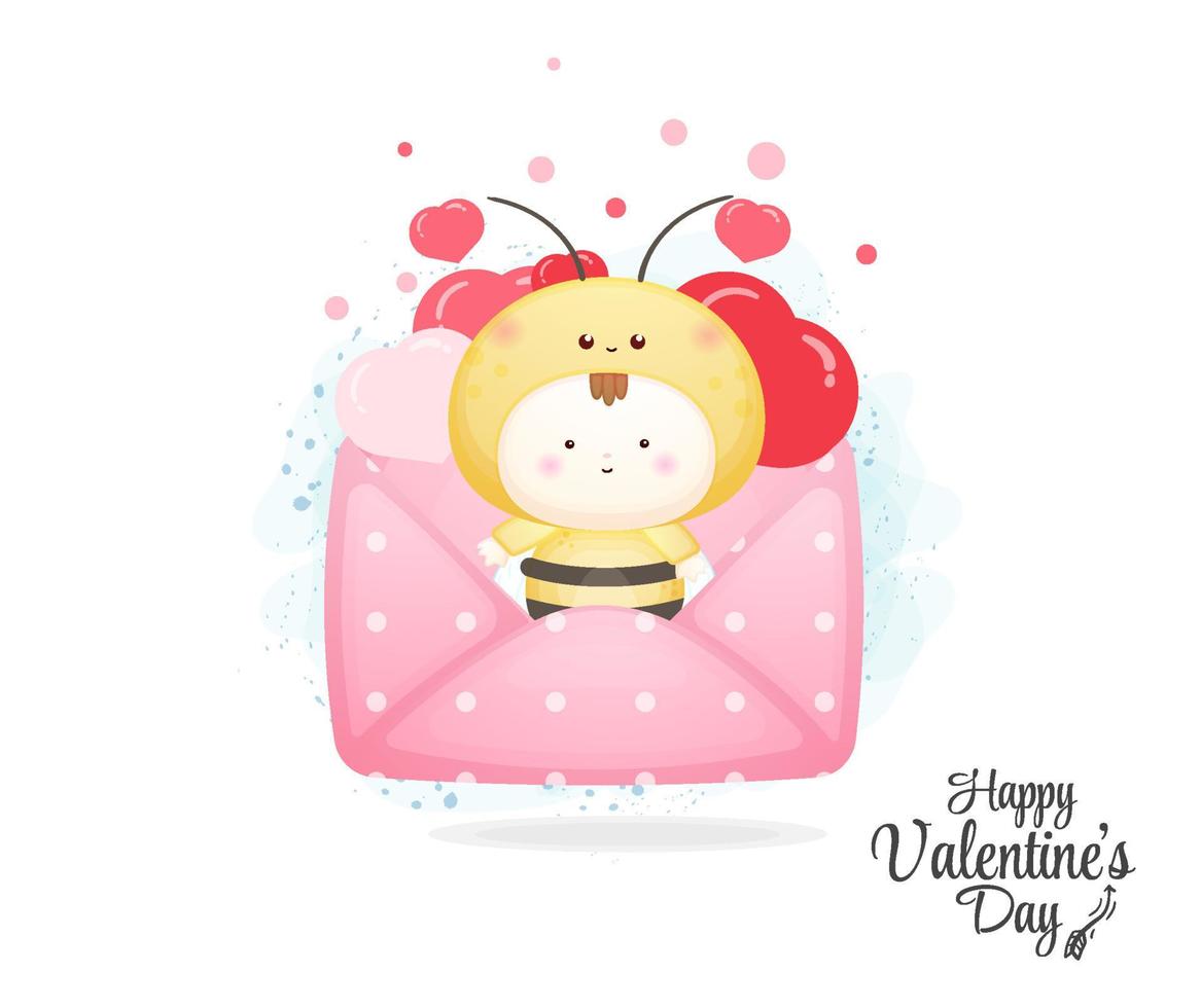 Cute envelope with bee inside. Cute valentine element cartoon character vector