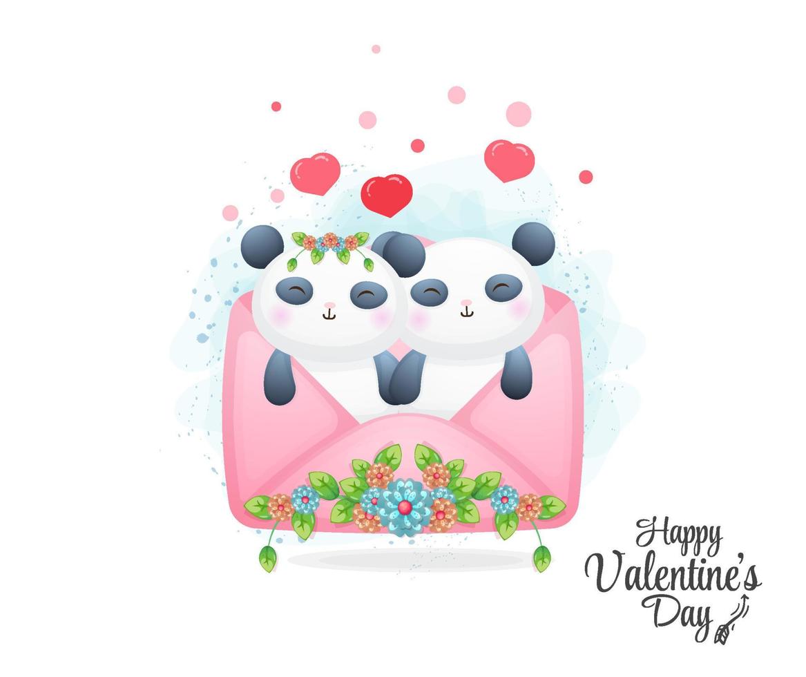 lindo sobre con una pareja de pandas adentro. personaje de dibujos animados lindo elemento de san valentín vector