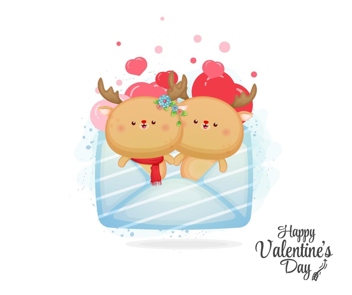 Cute envelope with deer couple inside. Cute valentine element cartoon character vector