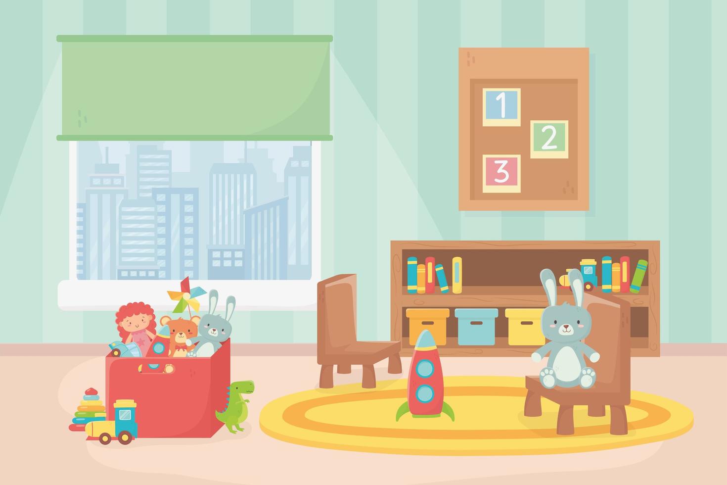 room toys board numbers shelf box chair window vector