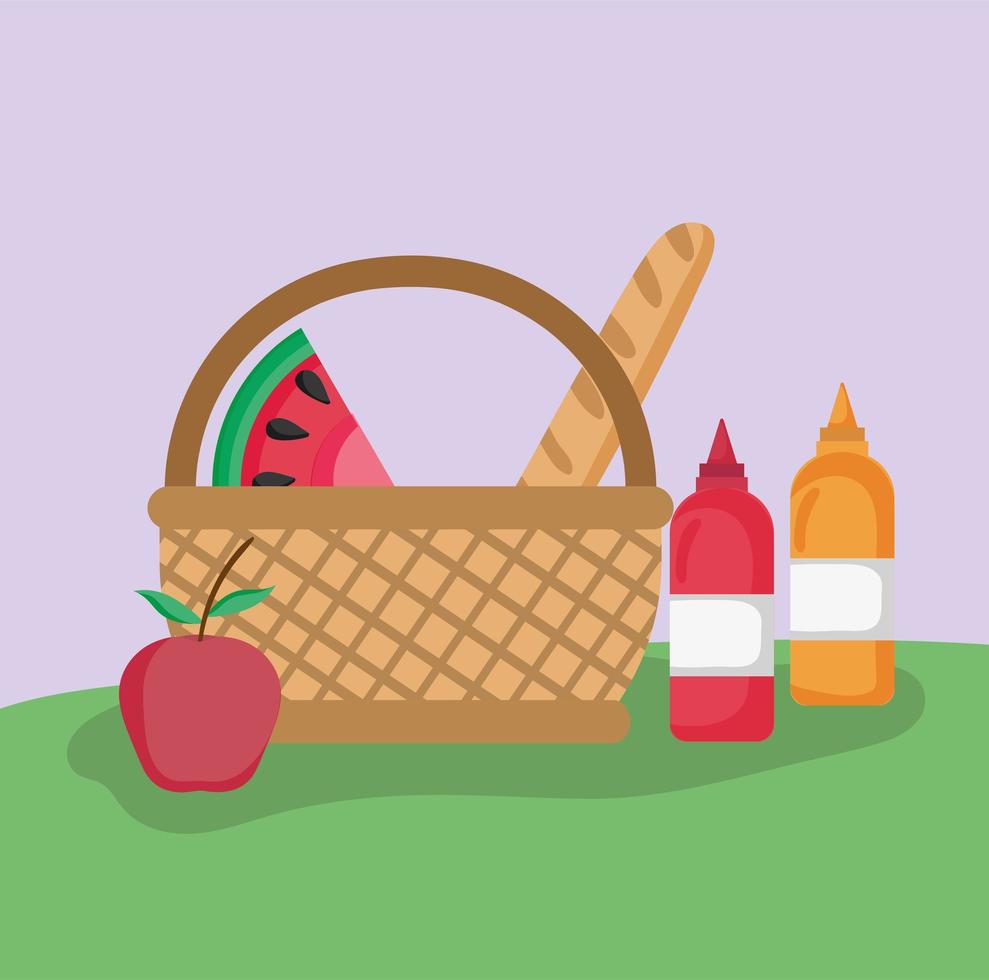 wicker basket fruit bread and sauces picnic in the park vector