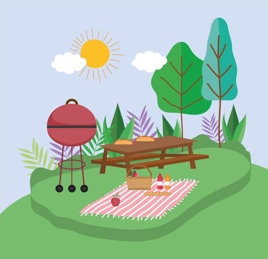 grilled bbq table blanket basket food picnic in the park vector