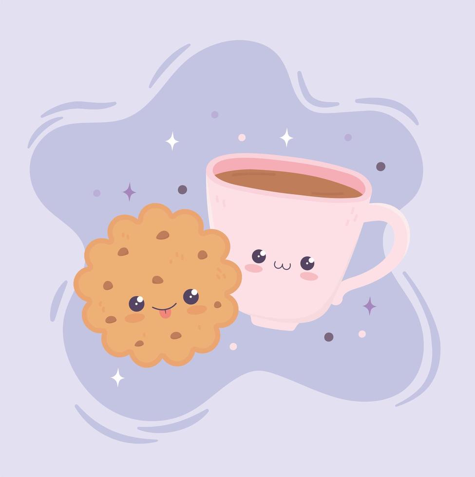 Kawaii galleta dulce y taza de café dibujos animados de comida rápida vector