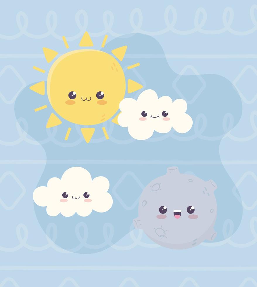 Kawaii planeta sol y nubes cartoon character vector