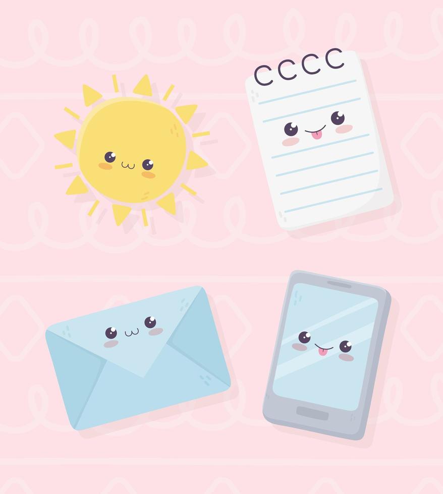 Bloc de notas kawaii smartphone sobre y sun cartoon character vector