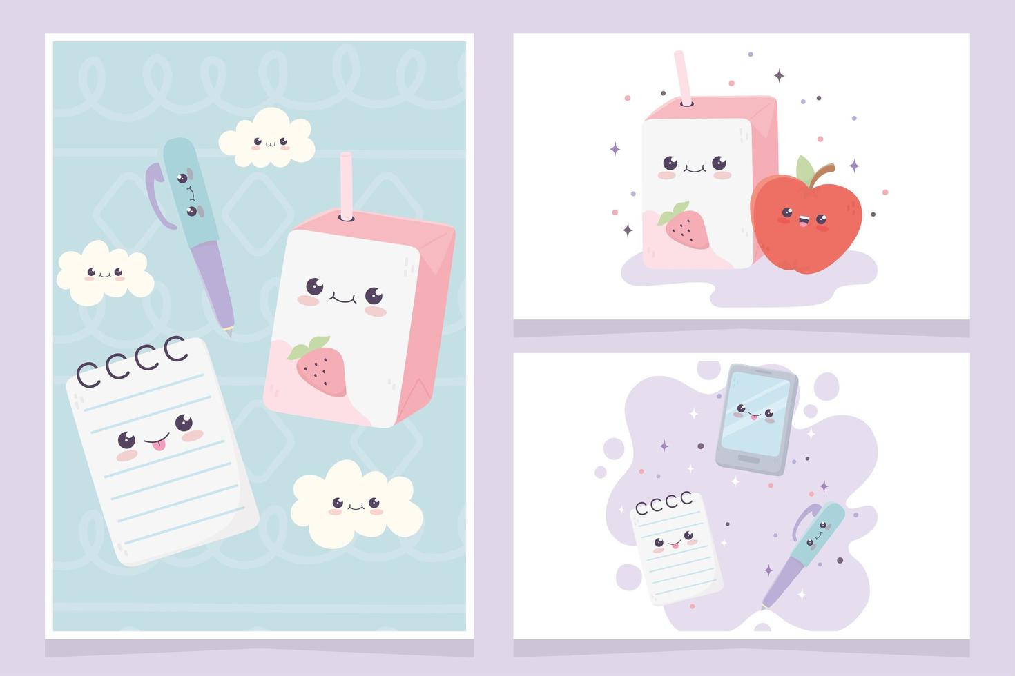 kawaii school book apple smartphone pen notepad cartoon vector