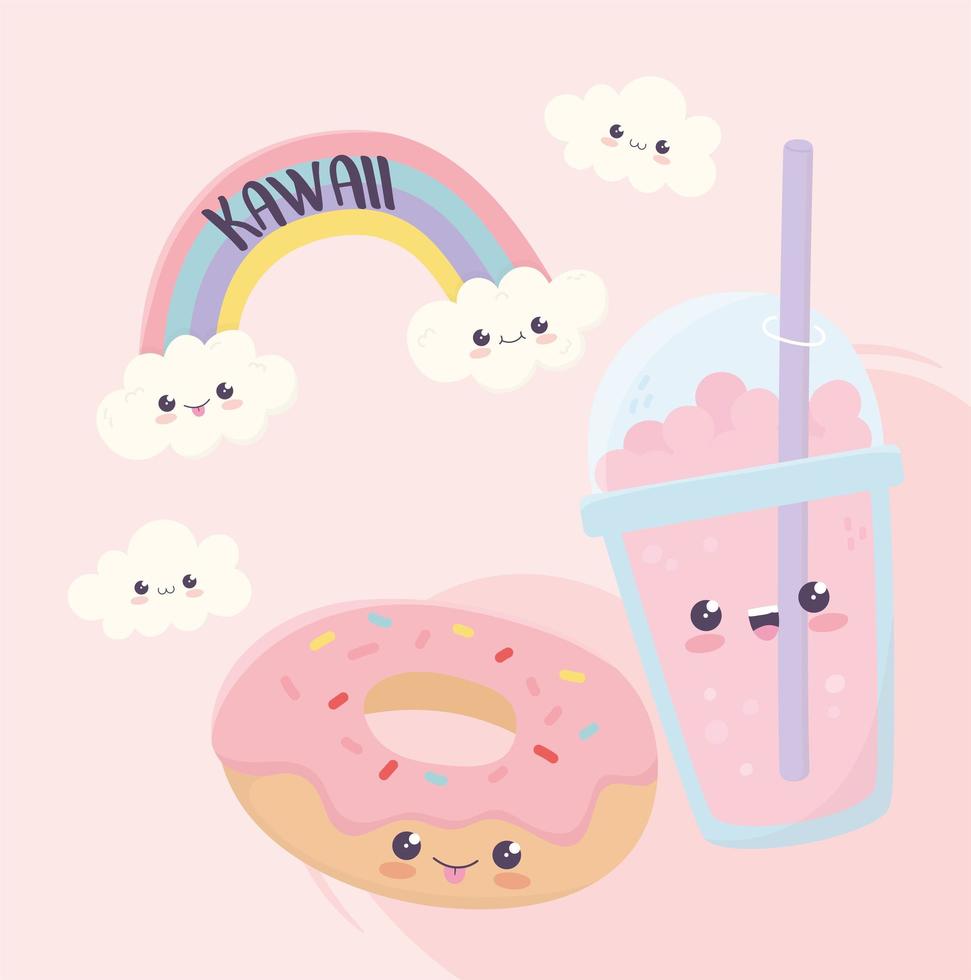 Kawaii rainbow donut y taza de bebida dibujos animados de comida rápida vector