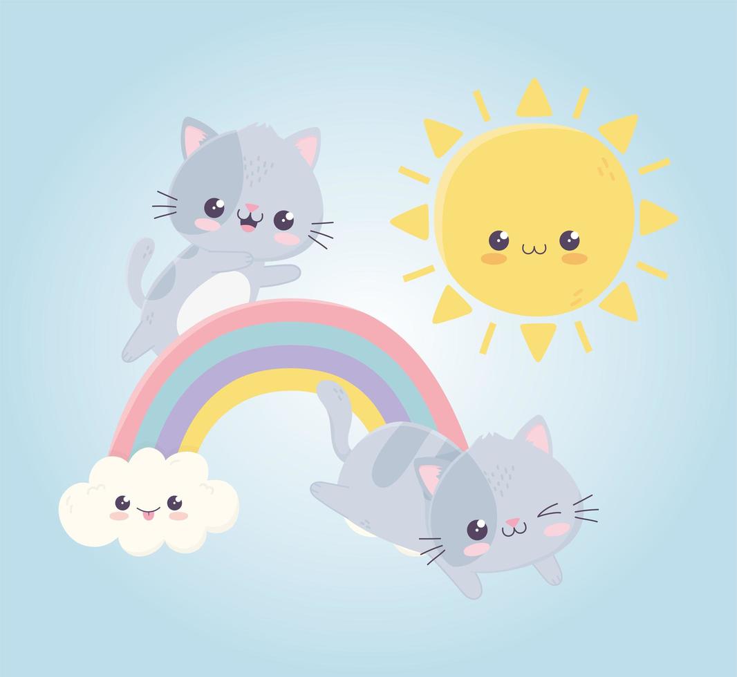 gatos lindos de dibujos animados kawaii jugando en el sol del arco iris vector