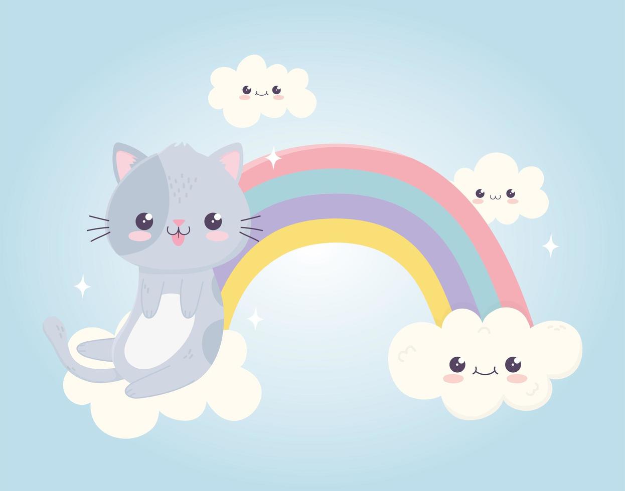 kawaii cartoon cute cat with tongue out in rainbow clouds vector